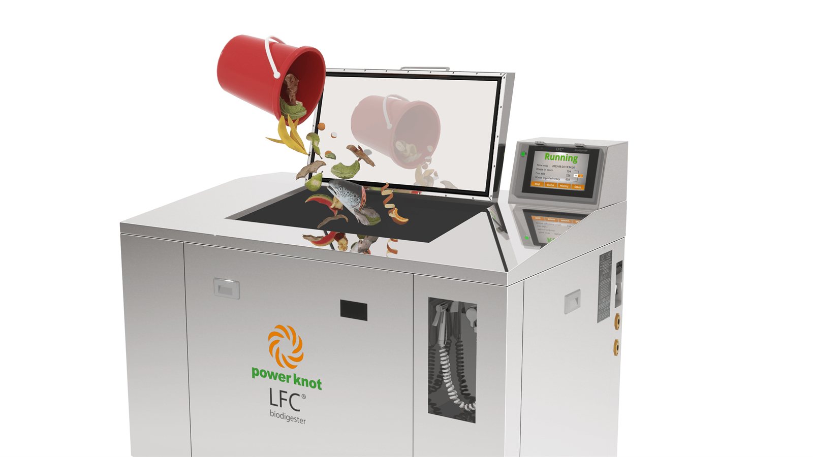 Biodigestor LFC Power Knot — vista interior con la cámara de digestión abierta y panel de control